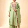 Premium Mal Chanderi Embroidered A-Line Kurta Set with Silk Pants & Dupatta