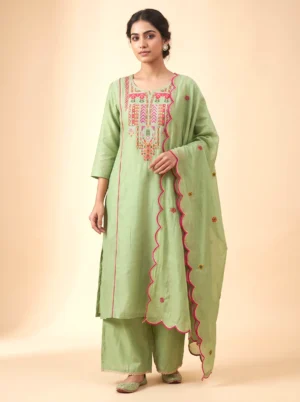 Premium Mal Chanderi Embroidered A-Line Kurta Set with Silk Pants & Dupatta