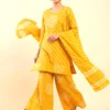 Yellow Cotton Bandhani & Lehariya Short Kurta Set with Palazzo