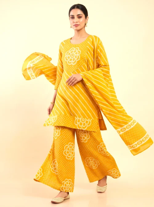 Yellow Cotton Bandhani & Lehariya Short Kurta Set with Palazzo