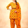 Rust Pure Cotton Bandhani Short Kurta Set with Farshi Salwar & Dupatta