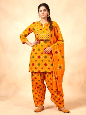 Rust Pure Cotton Bandhani Short Kurta Set with Farshi Salwar & Dupatta