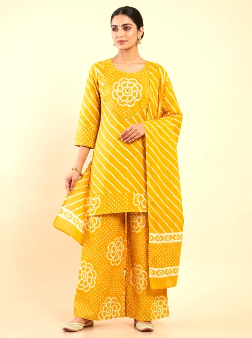 Yellow Cotton Bandhani & Lehariya Short Kurta Set with Palazzo