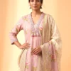 Pink Floral Pure Cotton Short Kurta Set with Farshi Salwar & Dupatta