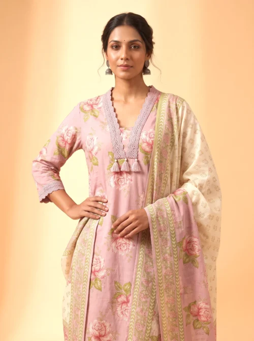 Pink Floral Pure Cotton Short Kurta Set with Farshi Salwar & Dupatta