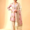 Pink Floral Pure Cotton Short Kurta Set with Farshi Salwar & Dupatta