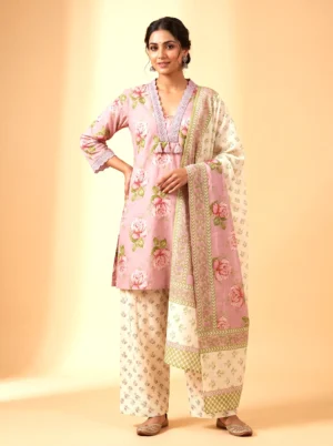 Pink Floral Pure Cotton Short Kurta Set with Farshi Salwar & Dupatta