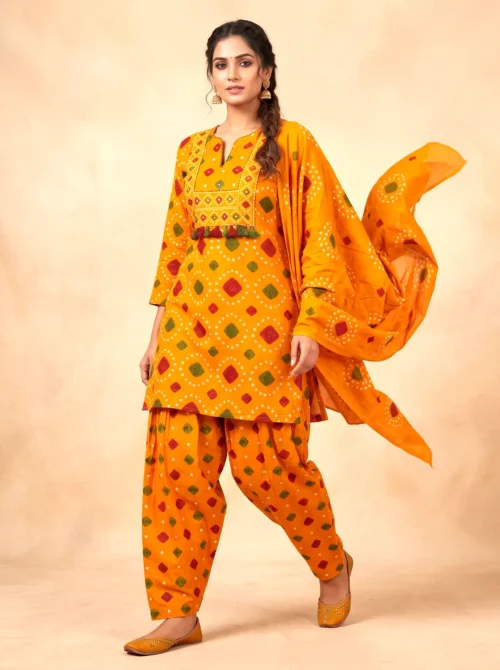 Rust Pure Cotton Bandhani Short Kurta Set with Farshi Salwar & Dupatta