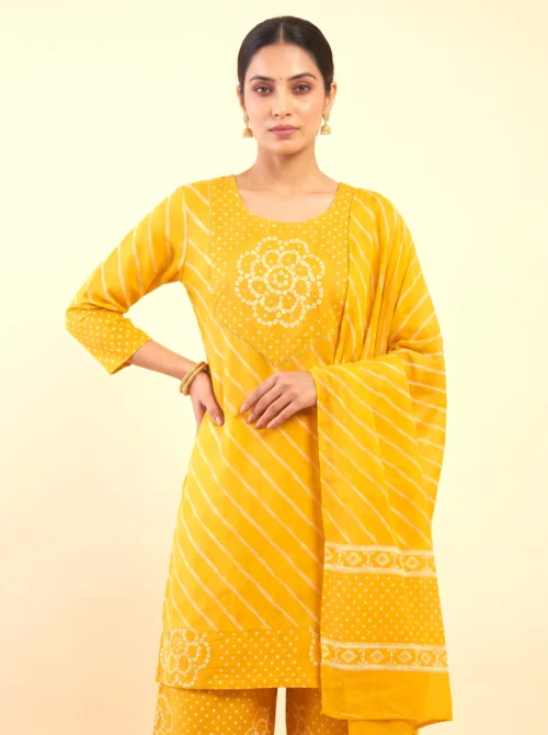 Yellow Cotton Bandhani & Lehariya Short Kurta Set with Palazzo