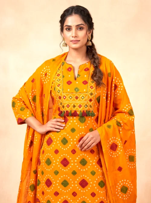 Rust Pure Cotton Bandhani Short Kurta Set with Farshi Salwar & Dupatta