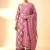 Women’s Purple Pure Cotton Printed Kurta Set with Mirror Work
