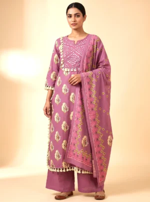 Women’s Purple Pure Cotton Printed Kurta Set with Mirror Work