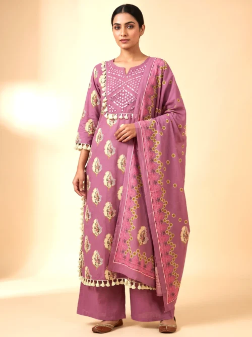 Women’s Purple Pure Cotton Printed Kurta Set with Mirror Work
