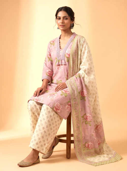 Pink Floral Pure Cotton Short Kurta Set with Farshi Salwar & Dupatta