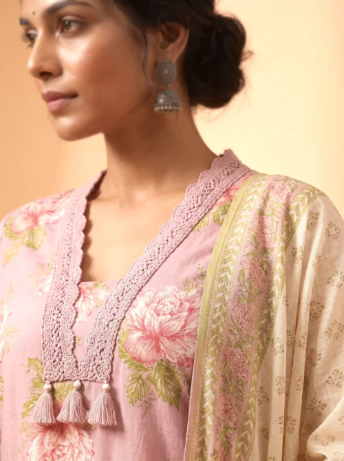 Pink Floral Pure Cotton Short Kurta Set with Farshi Salwar & Dupatta