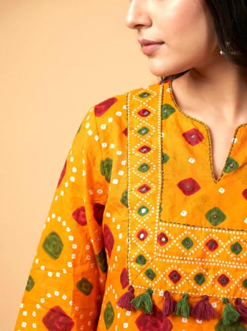Rust Pure Cotton Bandhani Short Kurta Set with Farshi Salwar & Dupatta