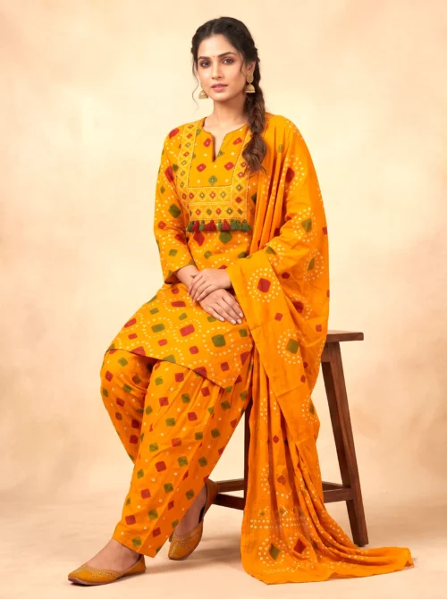 Rust Pure Cotton Bandhani Short Kurta Set with Farshi Salwar & Dupatta