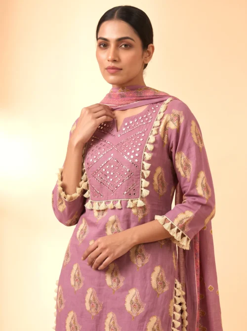Women’s Purple Pure Cotton Printed Kurta Set with Mirror Work