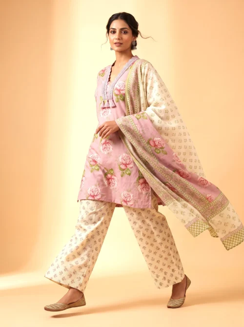 Pink Floral Pure Cotton Short Kurta Set with Farshi Salwar & Dupatta