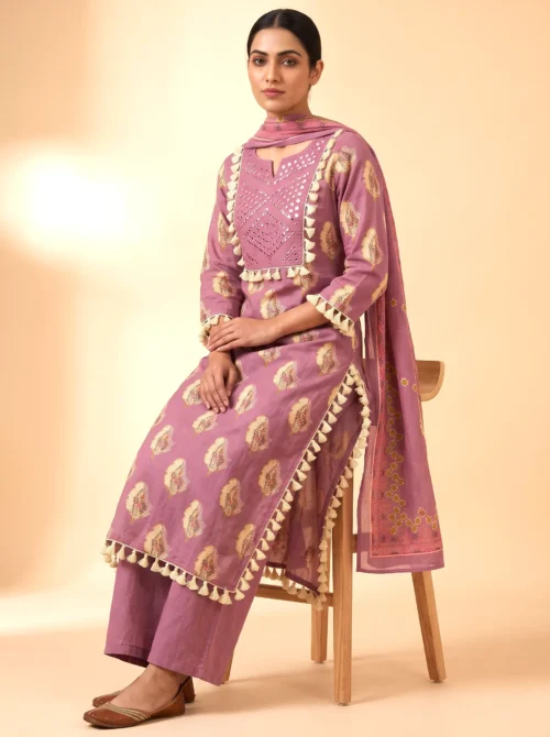 Women’s Purple Pure Cotton Printed Kurta Set with Mirror Work
