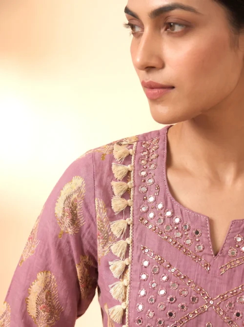 Women’s Purple Pure Cotton Printed Kurta Set with Mirror Work