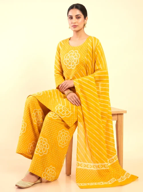 Yellow Cotton Bandhani & Lehariya Short Kurta Set with Palazzo