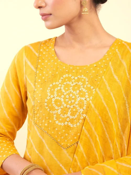 Yellow Cotton Bandhani & Lehariya Short Kurta Set with Palazzo