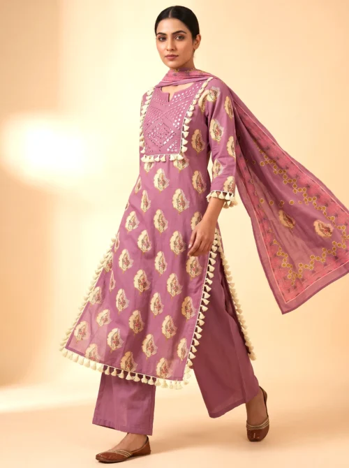 Women’s Purple Pure Cotton Printed Kurta Set with Mirror Work