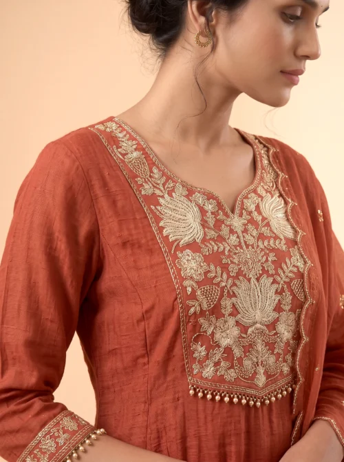 Premium Mal Chanderi Embroidered Anarkali Suit Set with Silk Pants & Dupatta