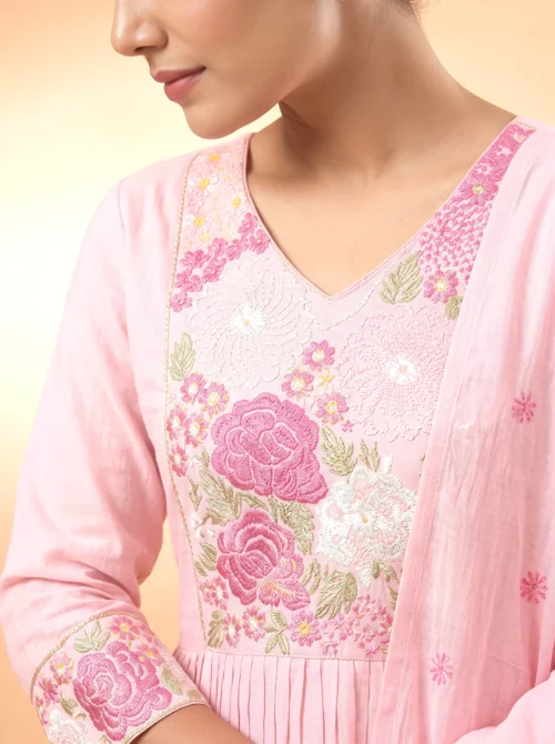 Premium Pink Mal Chanderi Embroidered Anarkali Suit Set
