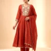 Premium Mal Chanderi Embroidered Anarkali Suit Set with Silk Pants & Dupatta