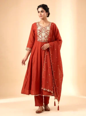 Premium Mal Chanderi Embroidered Anarkali Suit Set with Silk Pants & Dupatta