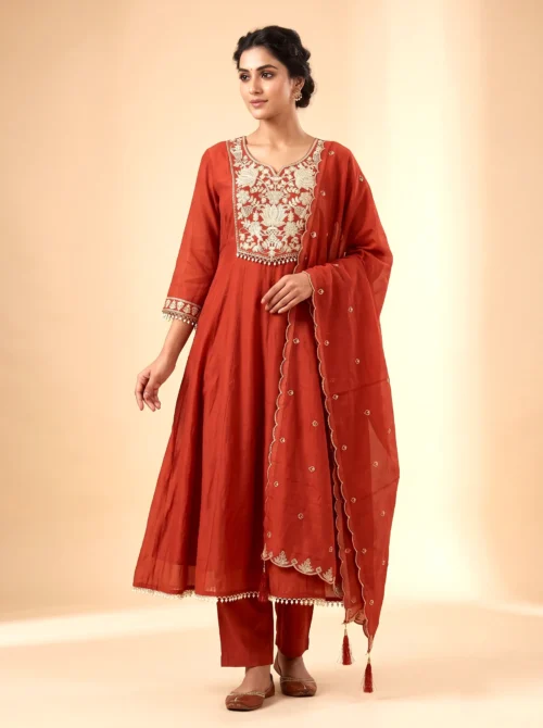 Premium Mal Chanderi Embroidered Anarkali Suit Set with Silk Pants & Dupatta