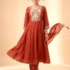 Premium Mal Chanderi Embroidered Anarkali Suit Set with Silk Pants & Dupatta