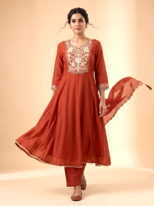 Premium Mal Chanderi Embroidered Anarkali Suit Set with Silk Pants & Dupatta