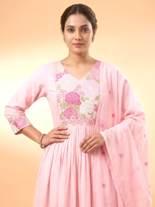 Premium Pink Mal Chanderi Embroidered Anarkali Suit Set