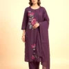 Premium Mal Cotton Embroidered Purple Kurta Set with Palazzo & Dupatta
