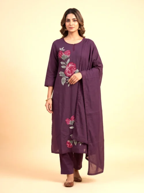 Premium Mal Cotton Embroidered Purple Kurta Set with Palazzo & Dupatta