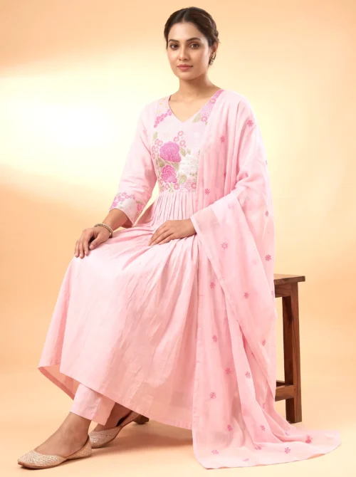 Premium Pink Mal Chanderi Embroidered Anarkali Suit Set