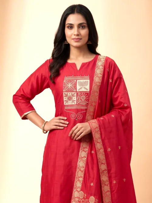 Embroidered Cotton Silk Kurta Set with Banarasi Dupatta