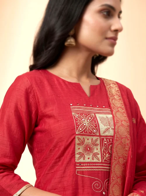 Embroidered Cotton Silk Kurta Set with Banarasi Dupatta