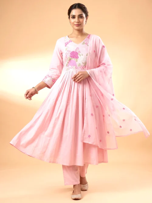 Premium Pink Mal Chanderi Embroidered Anarkali Suit Set