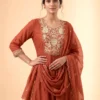 Premium Mal Chanderi Embroidered Anarkali Suit Set with Silk Pants & Dupatta