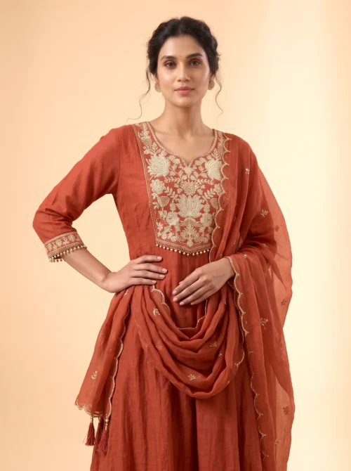 Premium Mal Chanderi Embroidered Anarkali Suit Set with Silk Pants & Dupatta