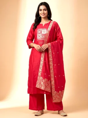 Embroidered Cotton Silk Kurta Set with Banarasi Dupatta