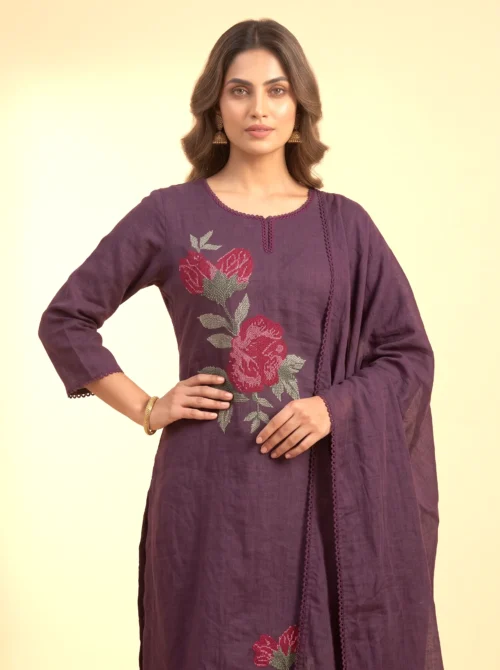 Premium Mal Cotton Embroidered Purple Kurta Set with Palazzo & Dupatta