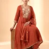 Premium Mal Chanderi Embroidered Anarkali Suit Set with Silk Pants & Dupatta