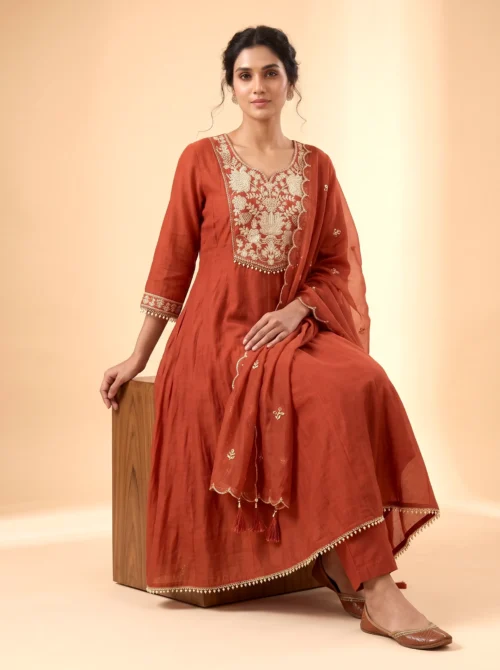 Premium Mal Chanderi Embroidered Anarkali Suit Set with Silk Pants & Dupatta