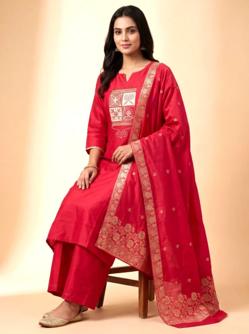 Embroidered Cotton Silk Kurta Set with Banarasi Dupatta