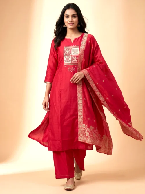 Embroidered Cotton Silk Kurta Set with Banarasi Dupatta